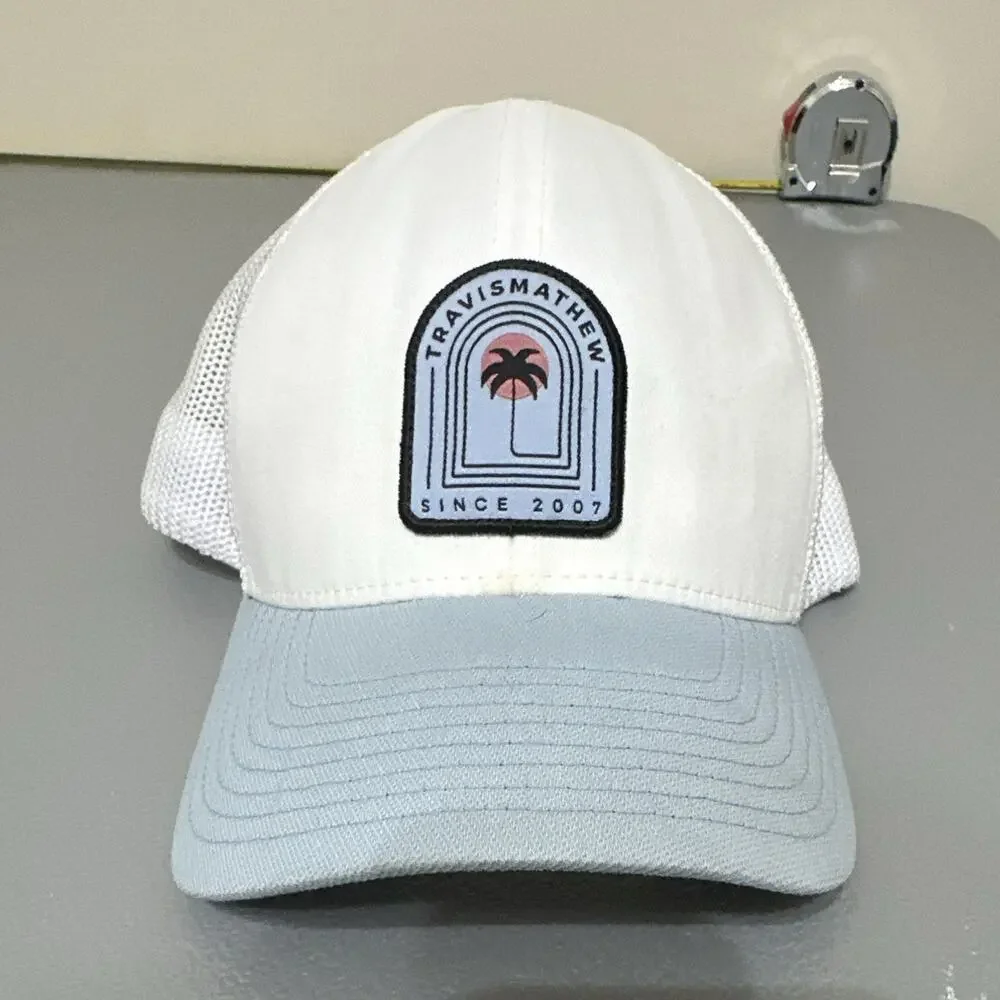 TravisMathew 110 One Ten Flexfit Trucker Hat White/Light Blue Palm Tree